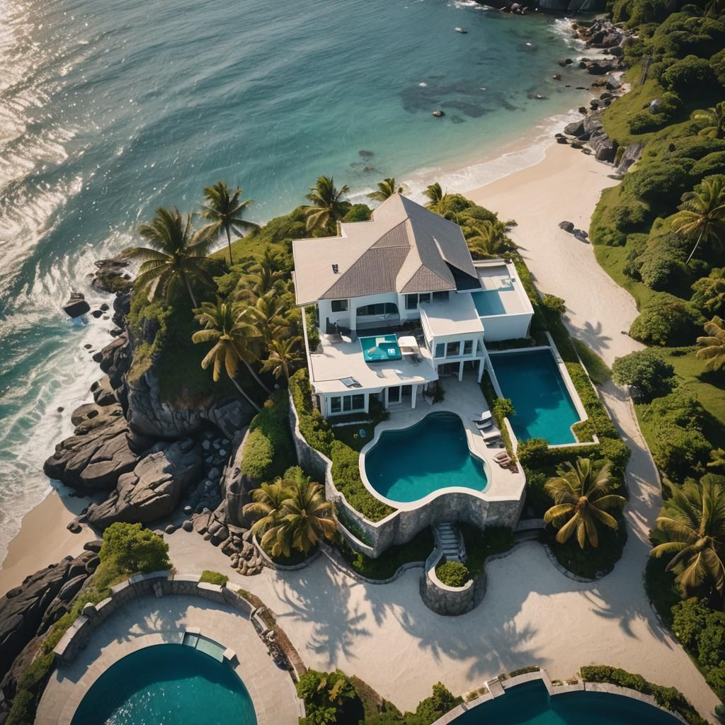 An island with a beautiful house pool view overseeing the oc...