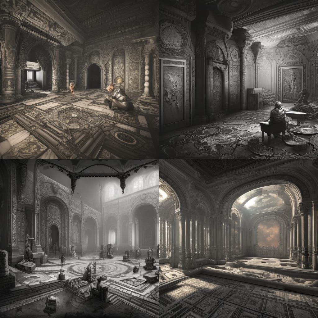 puzzle room black, white, grey jigsaw pieces on floor and wa...