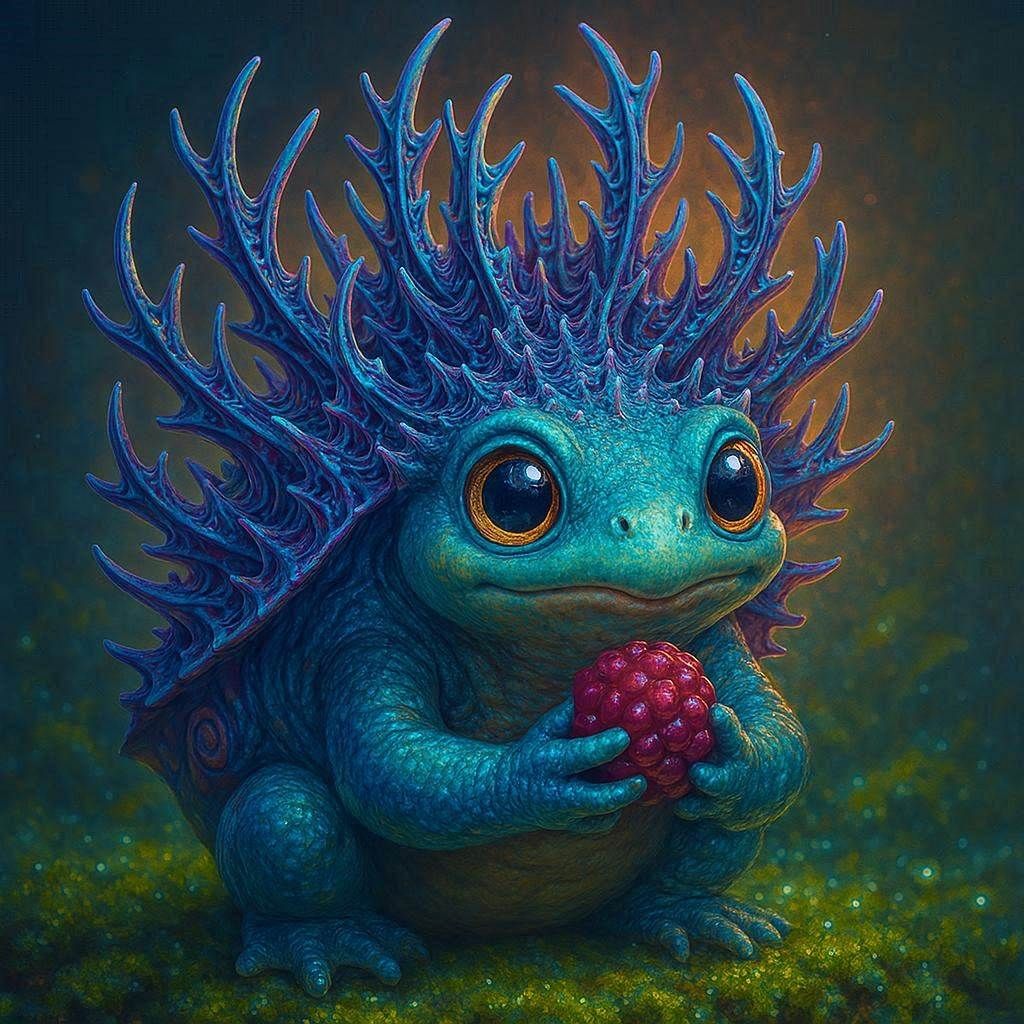 Murex frog-tortoise creature with big expressive eyes holds a berry. Its shell is made of many complex spines like antlers-branches filament...