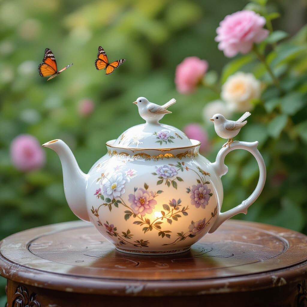 Enchanting Porcelain Teapot with Floral Engravings and Bird ...