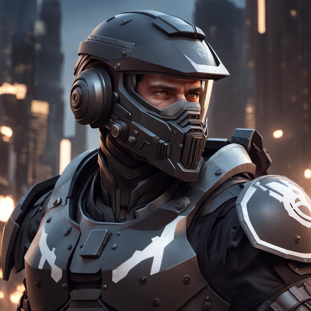 Male soldier heavily armored riot control in dystopian city ...