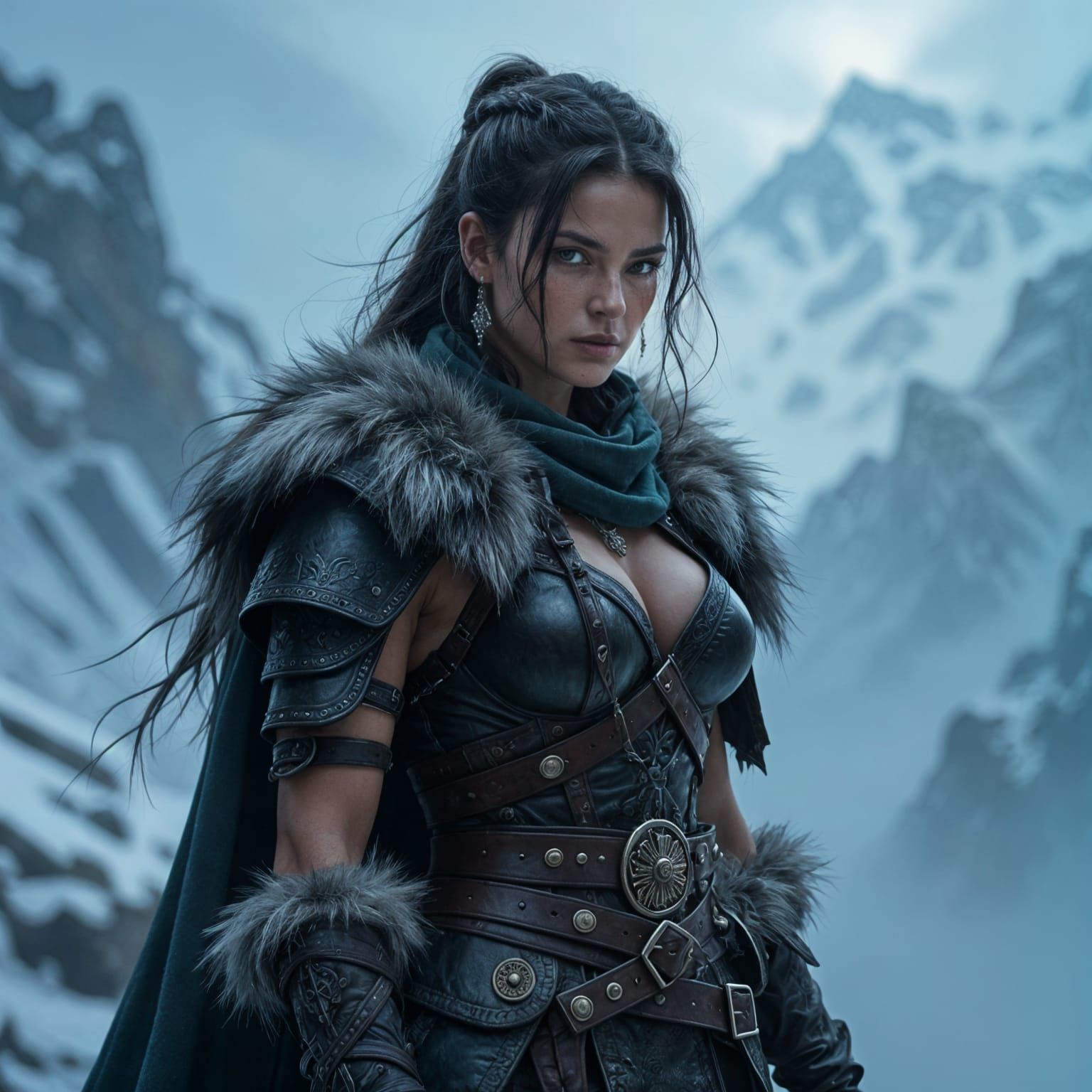 A portrait of a fierce warrior woman adorned in intricate furs and hardened leather armor, her face etched with the wisdom of countless batt...