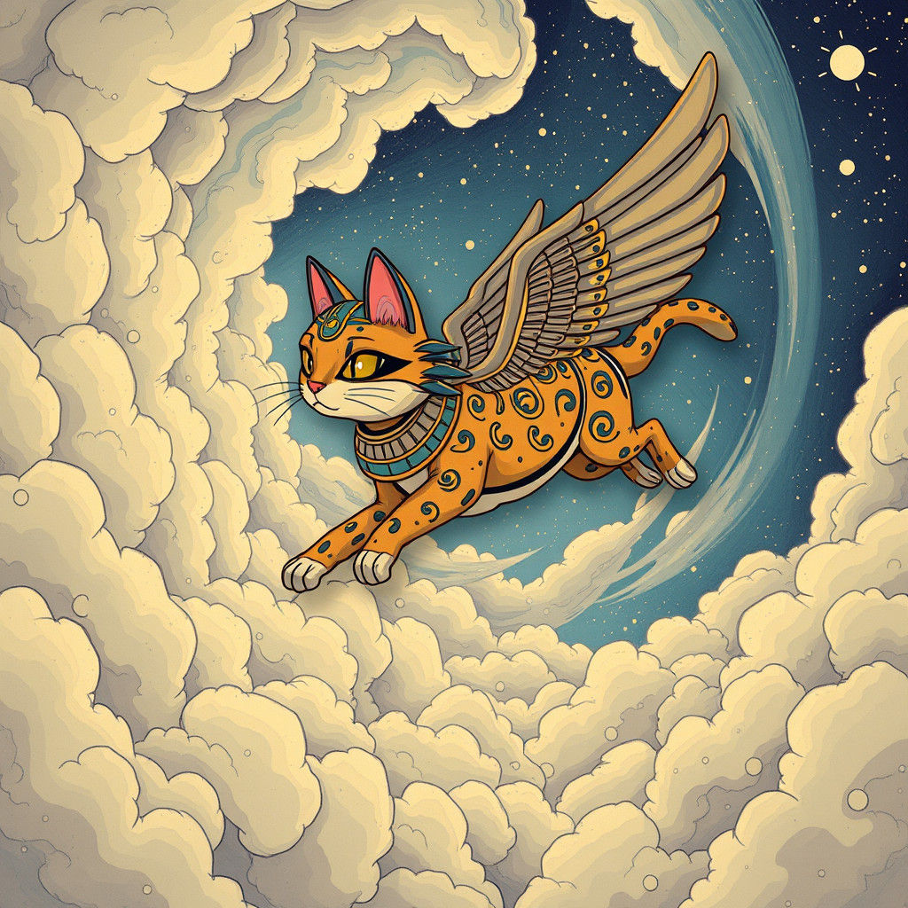 Flying Cat in Egyptian Art Style with Anime Flair