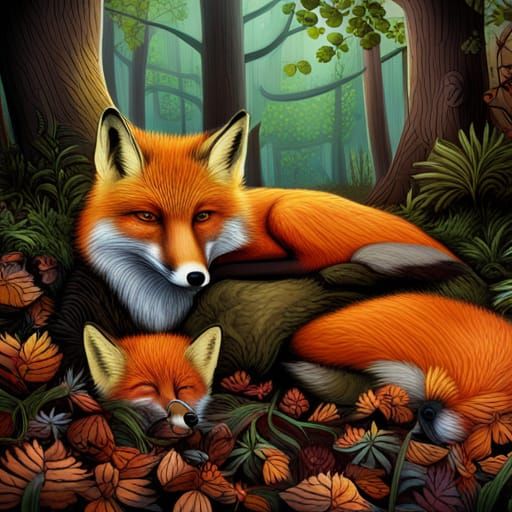 Mama Fox and Baby Fox Pretending Sleep - AI Generated Artwork ...