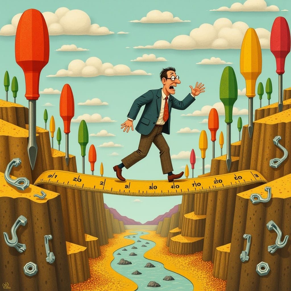 A quirky man in a mismatched suit walks carefully across a long, flexible bridge made from a giant, yellow metal measuring tape unspooled ac...