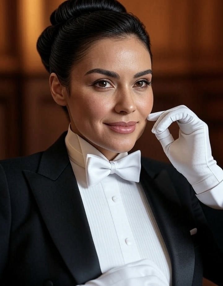 an attractive Latin woman wearing a black tuxedo, a crisp wh...