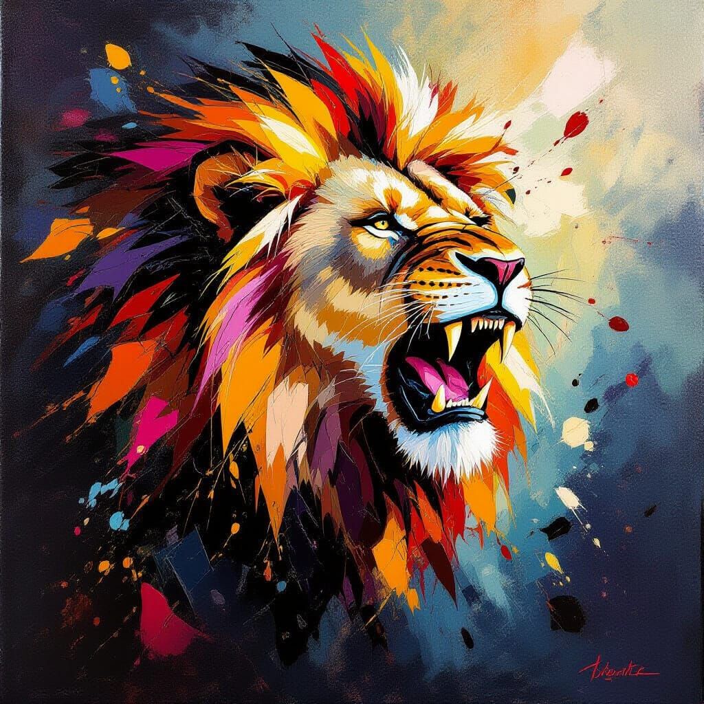 Abstract expressionism. Chaotic splashes of vibrant paint form the shape of a roaring lion. Bold, energetic brushstrokes. High contrast betw...