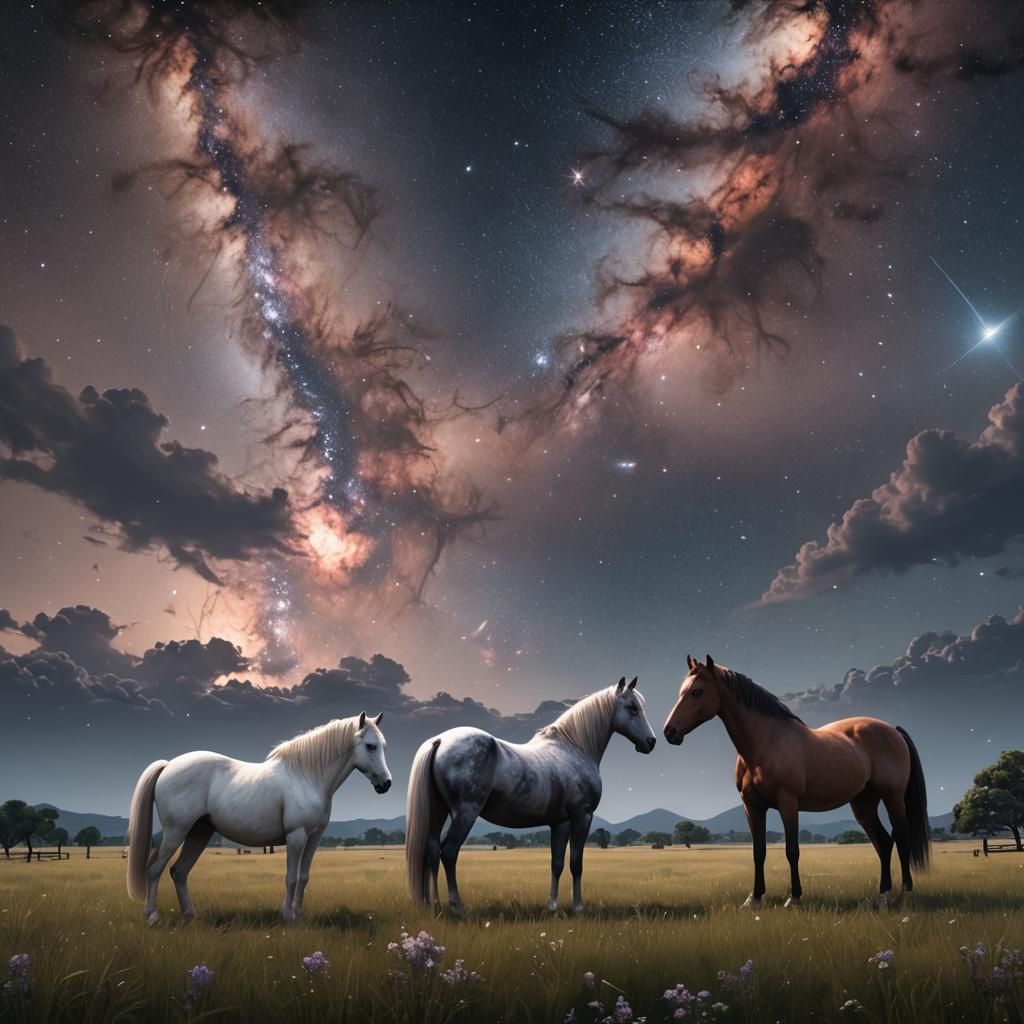Horses grazing in a field with galaxies and nebulas in the d...