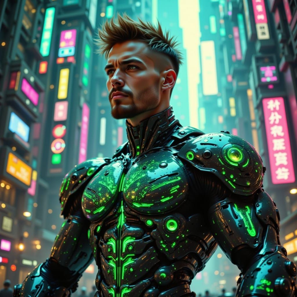 Handsome beautiful male brown hair bodybuilder , muscle fractals helix intricate celestial design black neon green armor mecha arms futurist...