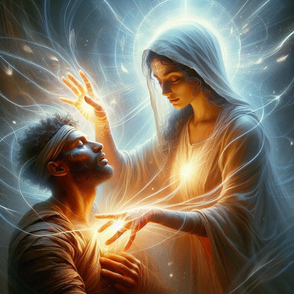 Priestess healing a warrior with a severe wound 1