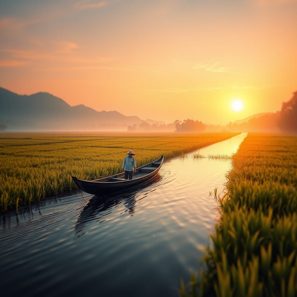 Sampan on Vietnamese River at Dawn, Hyperrealistic Style