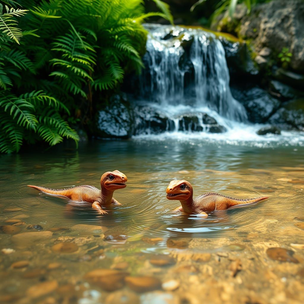 Baby dinosaurs bathing in the shallows next to a small waterfall.