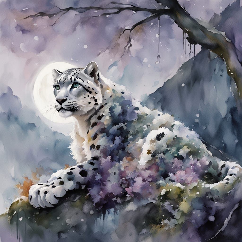 Snow Leopard on Moonlit Veranda in Winter