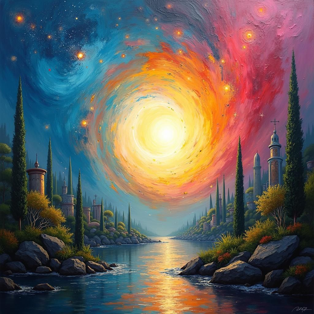 Devotional River, environmental abstract expressionism, painted portal with dynamic light and space.