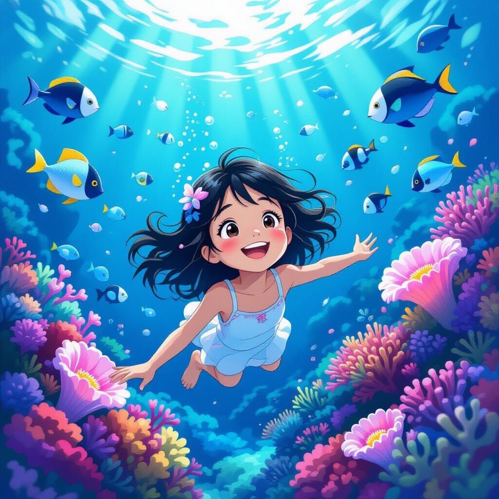 Young Girl Explores Vibrant Coral Reef Underwater