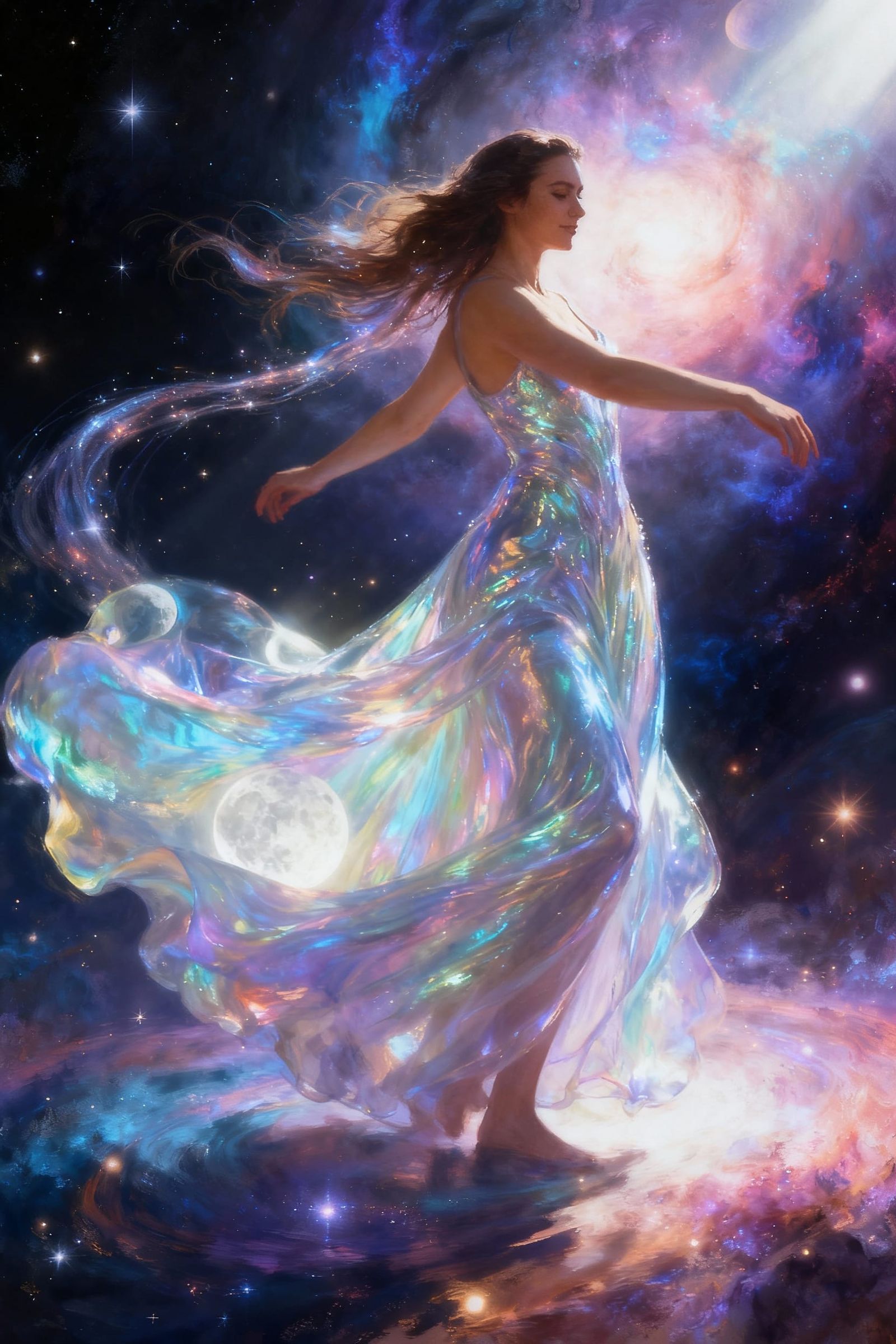 Woman in Iridescent Gown Under Cosmic Nebula