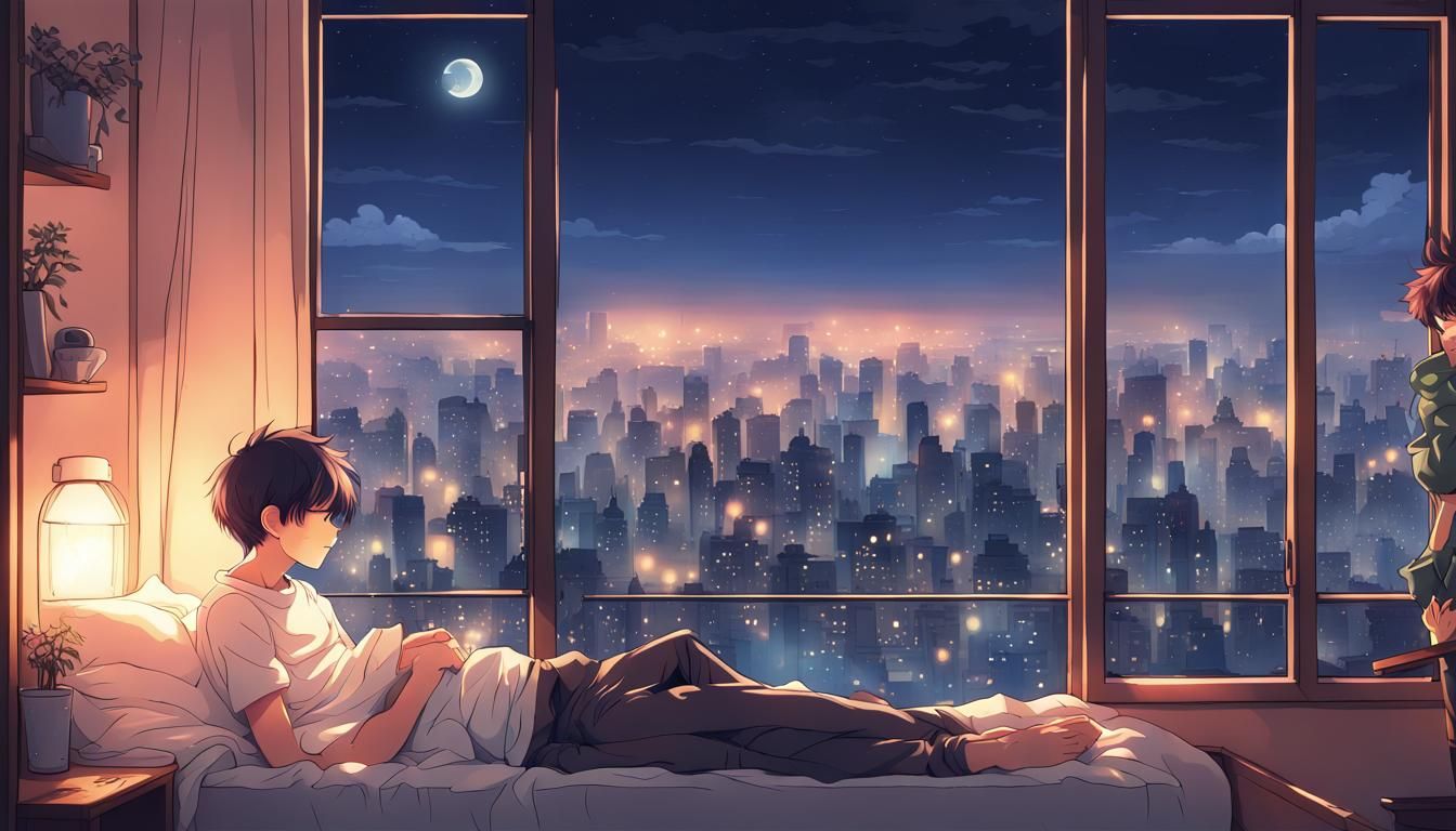 Lofi style very high quality clear image, dreamy, boy at nig...