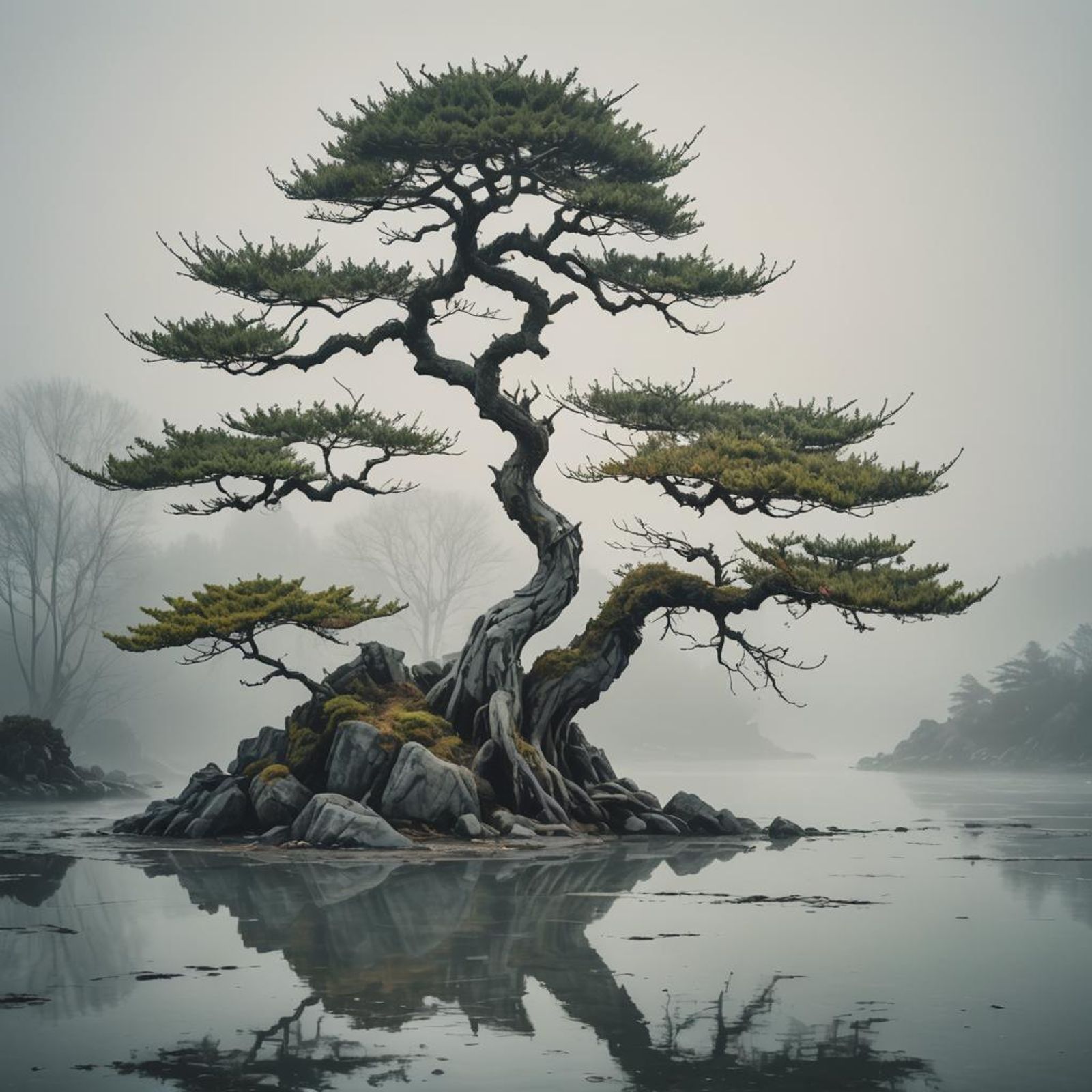 crooked tree on an island on a foggy winter morning - AI Generated ...