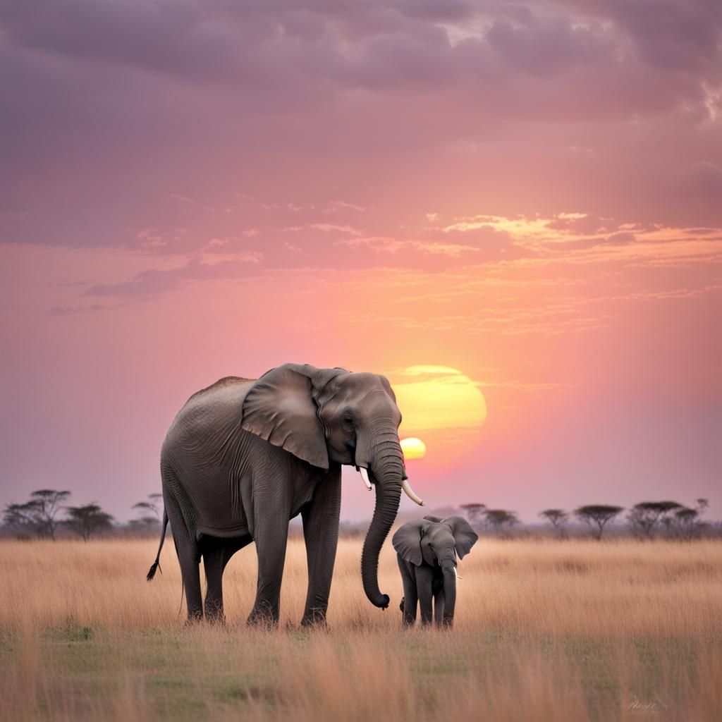 A elephant and her baby , with a beautiful pastel sunset