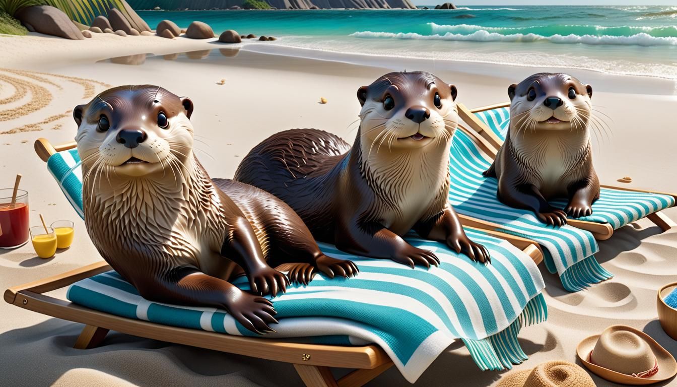 A family of Otters Sunning Themselves on the Beach