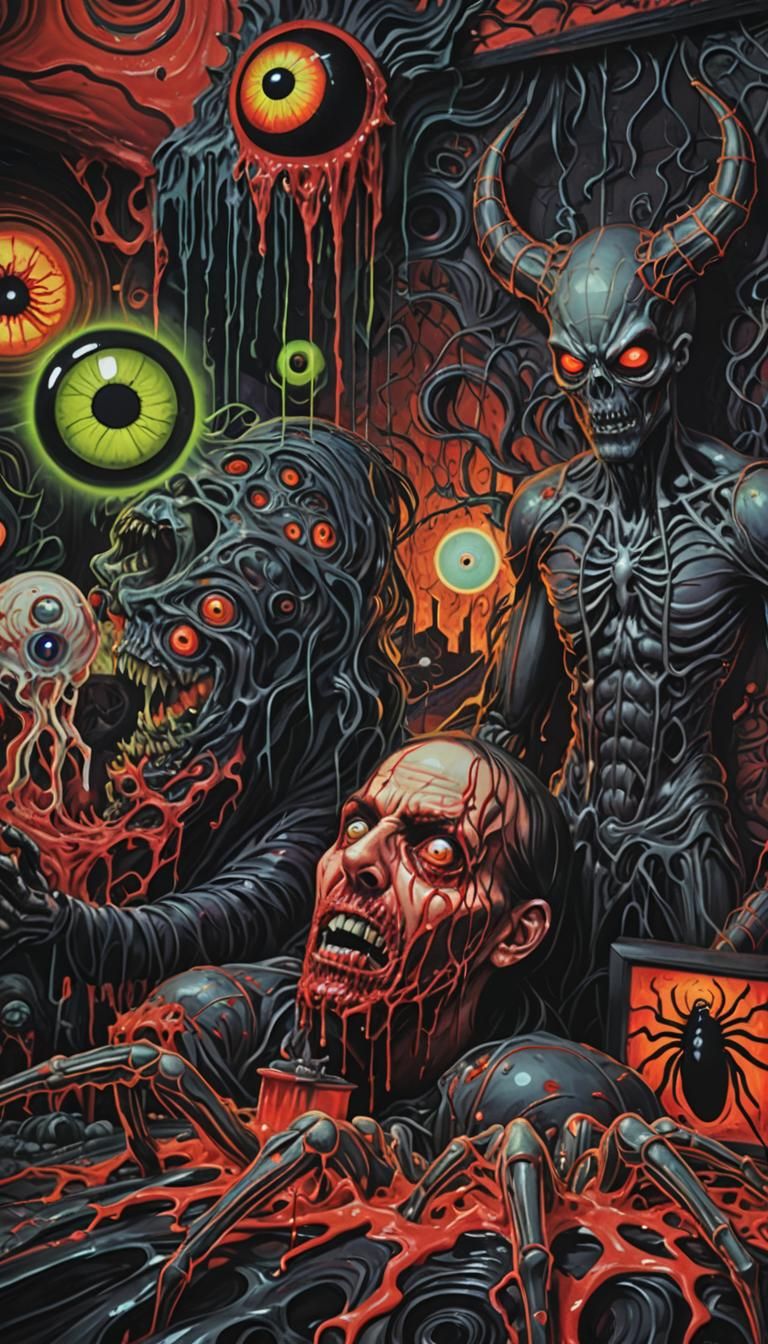 A high-quality photo of a bad trip on DMT with a horror art theme. There are many dark, surreal, and creepy objects in the scene. There's a...