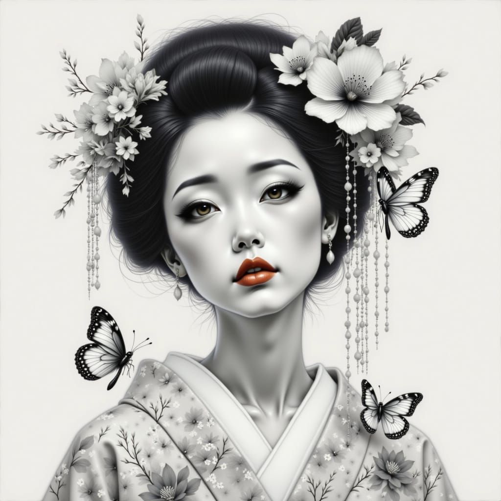 Geisha's serenity with butterflies