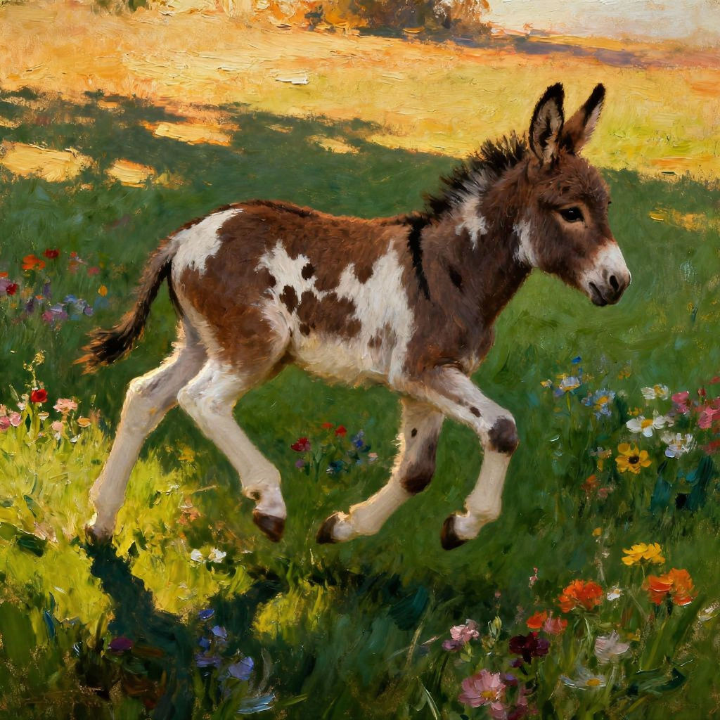 running across a deep green pasture dotted with multi colored wild flowers is a one month old baby donkey, he is a brown and white pinto wit...