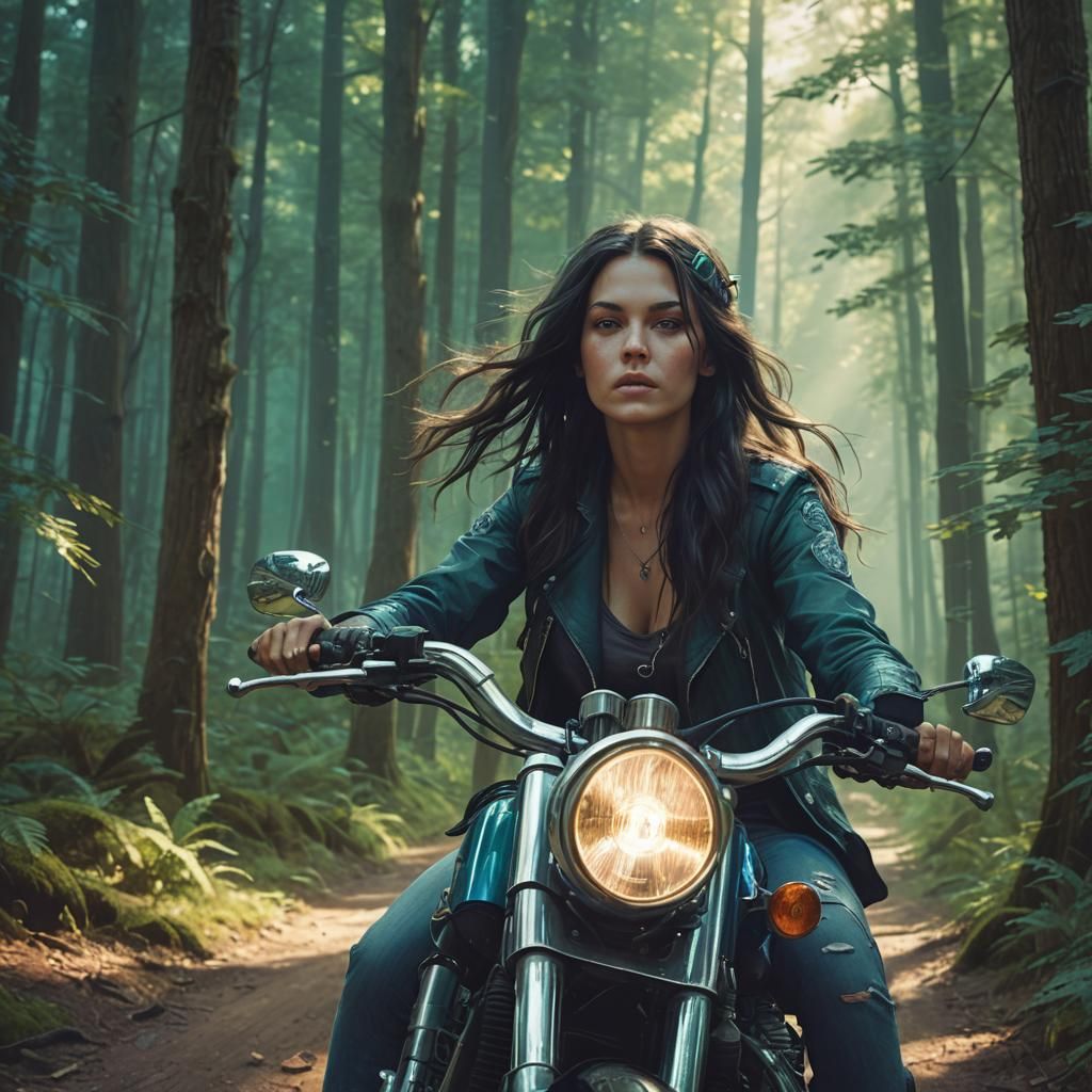 Biker Woman Rides Mystical Motorcycle Through Dreamlike Fore...