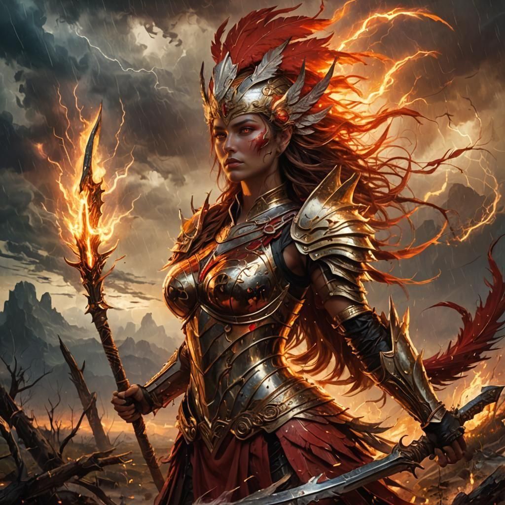 Fiery Female Warrior Emerges from Storm-Ravaged Landscape