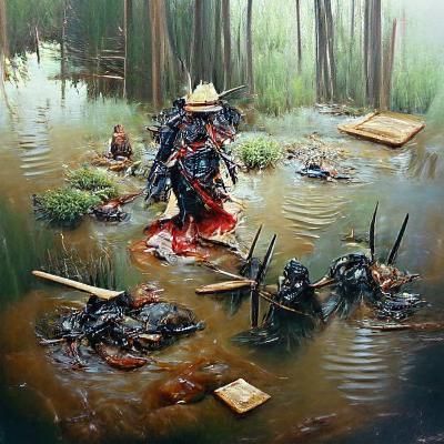 Samurai surrounded by corpses in a swamp, veteran Samurai, m...