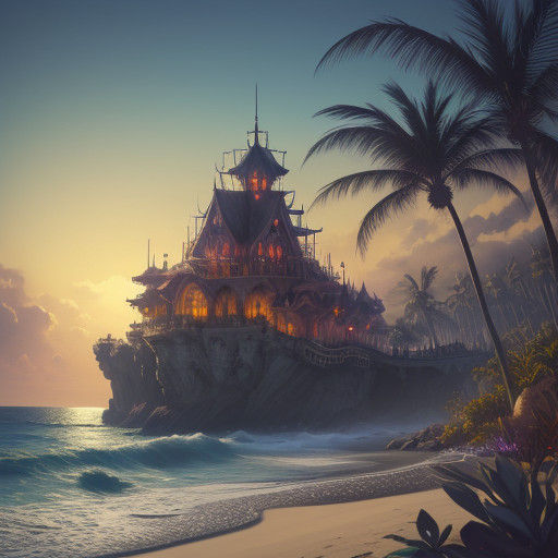 Luxurious Dark Fantasy Beach Scene with Hyperrealistic Detai...