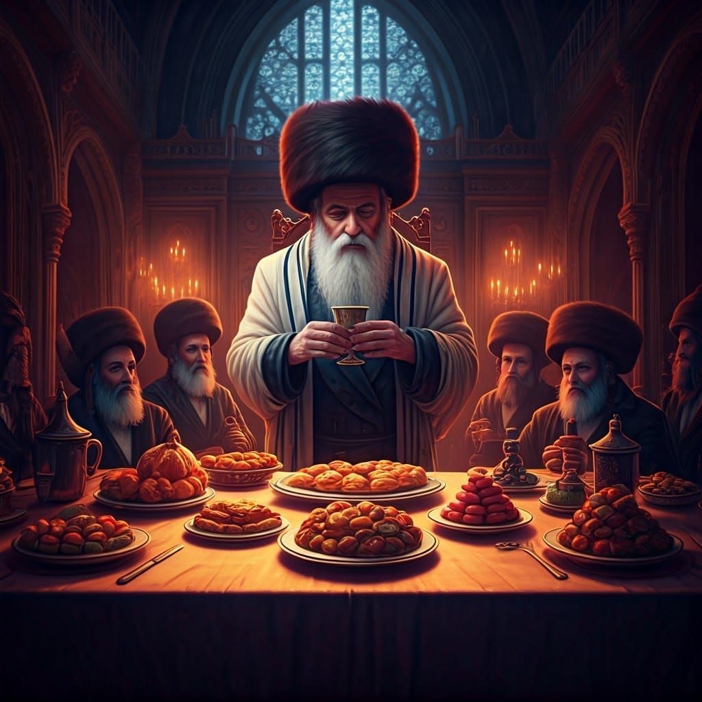 Rebbe in Synagogue, Surrounded by Devoted Followers at Sabba...