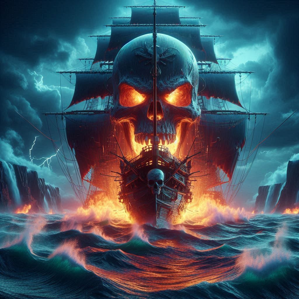 Fiery pirate ship on stormy waters