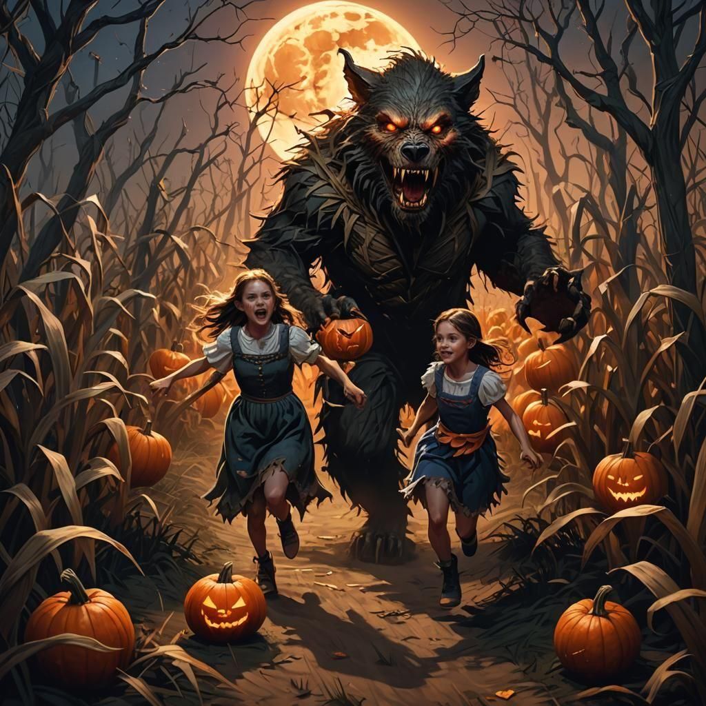 A large werewolf chases a young girl in a fairy costume through a corn maze. Full moon in the sky. Broken Jack O lanterns litter the dry gra...