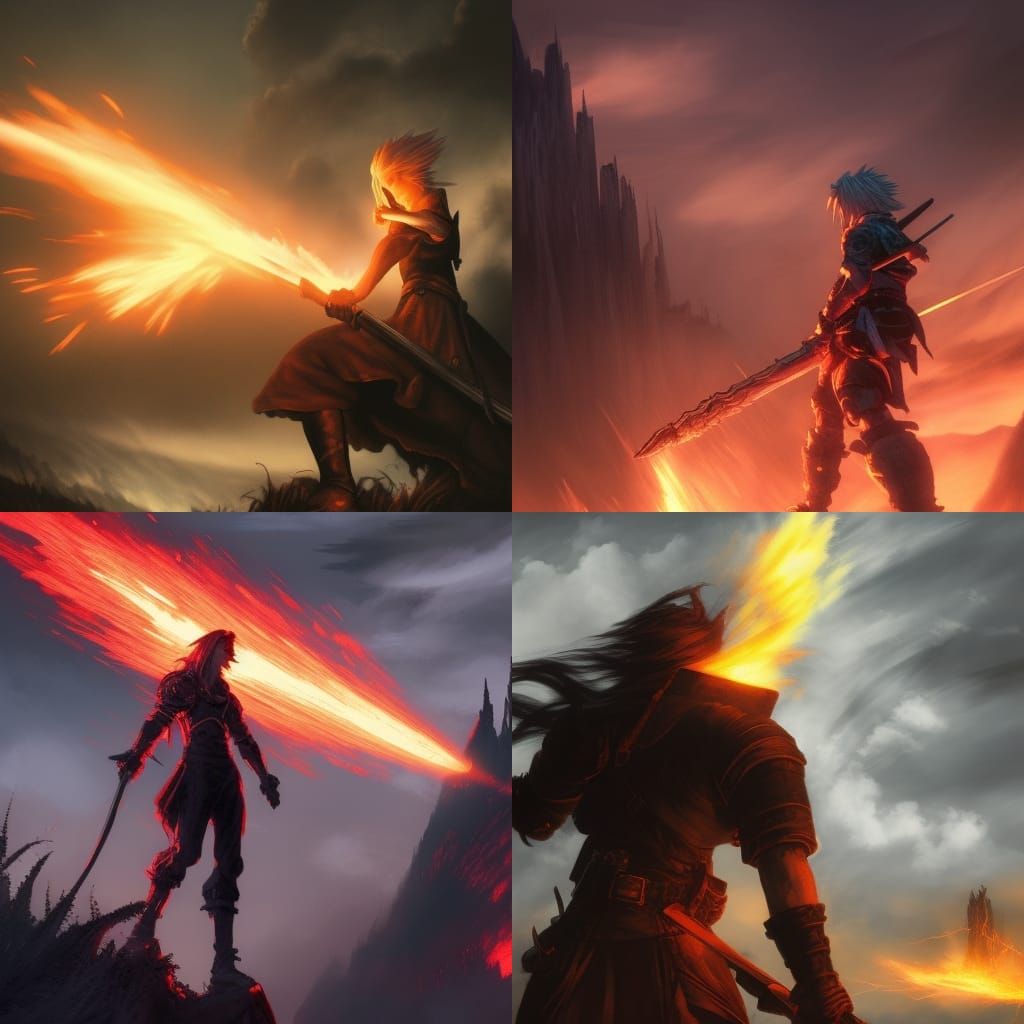 Cloud Strife kneeling on a grey field of ash with fire in th...