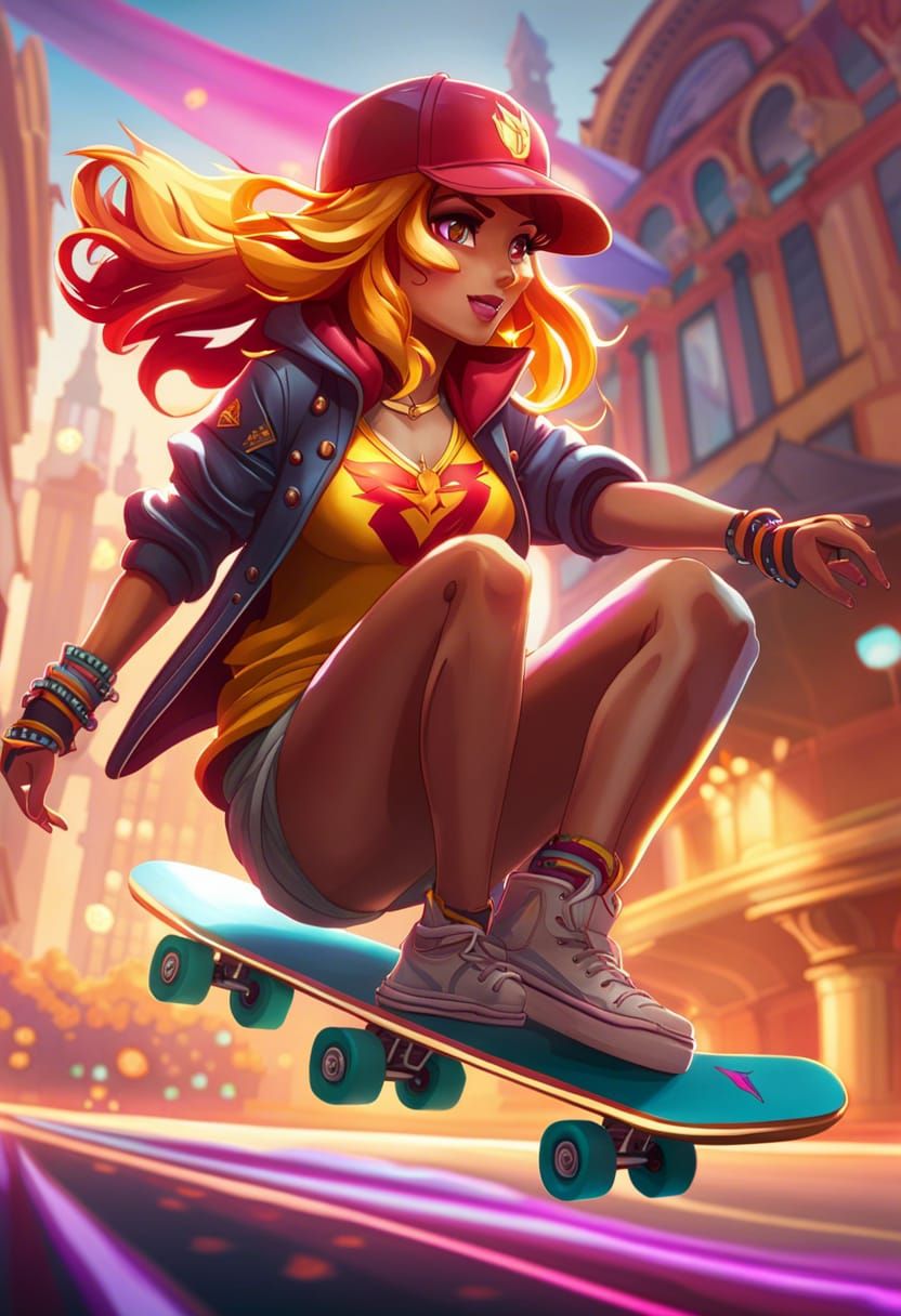 Sunset Shimmer riding a skateboard! 8k resolution concept ar...
