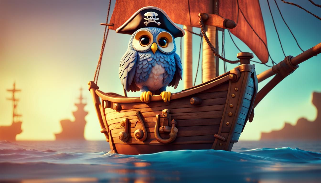 Pirate owl captain on its ship
