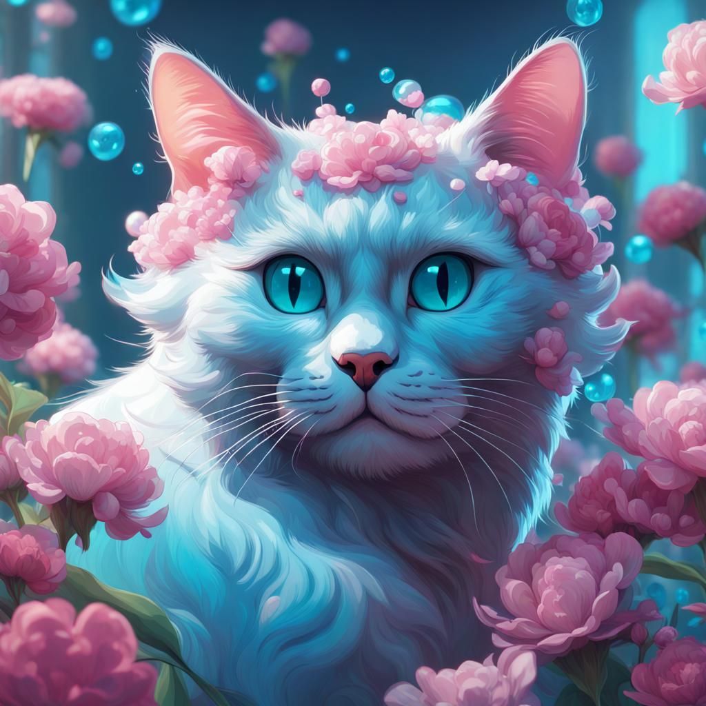 A cyan bubble cat with a background full of blue and pink flowers - AI ...