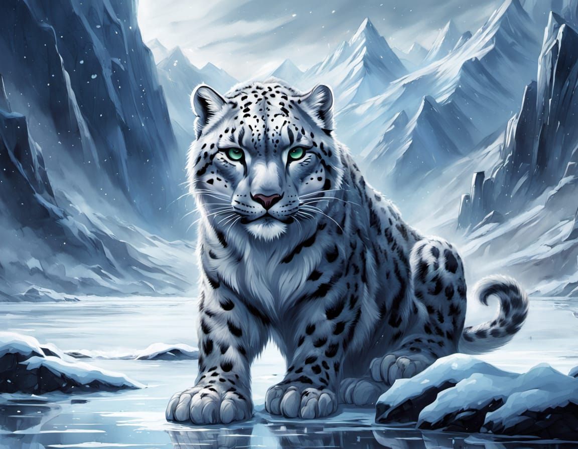 A majestic snow leopard, its fur blending seamlessly with a blizzard-swept mountain pass, secretly practices calligraphy on a frozen lake su...