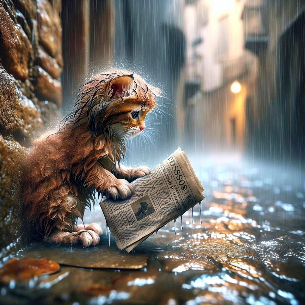 Sad fluffy wet kitten hiding under a newspaper in the rain i...