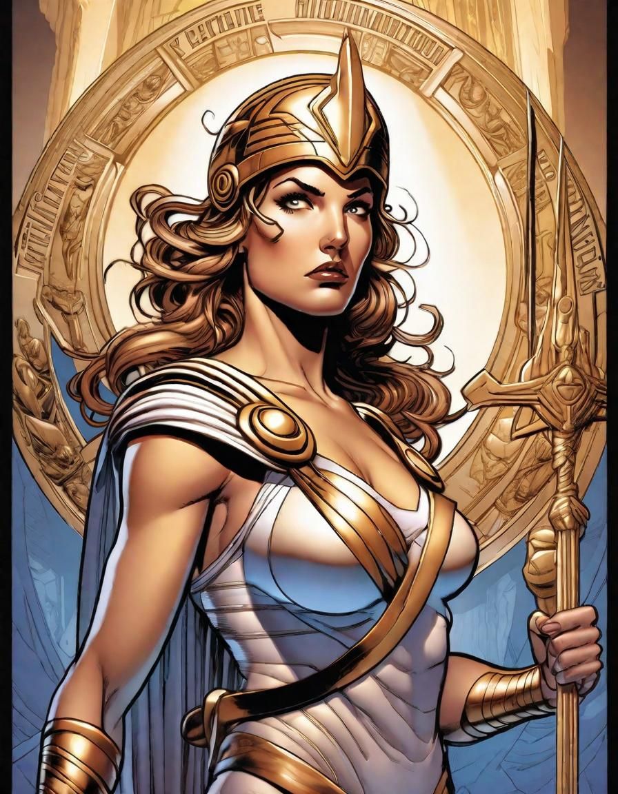 Athena, goddess of wisdom and courage in Marvel comic style.