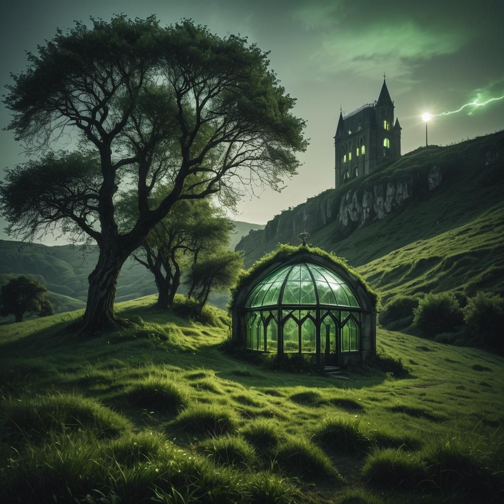 Glass Cube on Hill with Gothic Arch in Sci-Fi Style