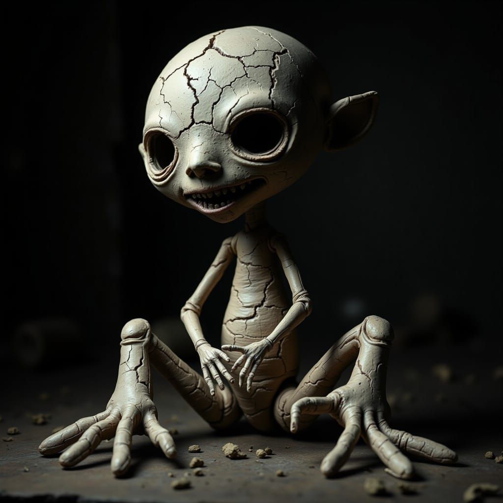 A grotesque, handcrafted clay puppet with cracked, uneven textures. Hollow eyes, jagged limbs, eerie stop-motion lighting, unsettling surrea...
