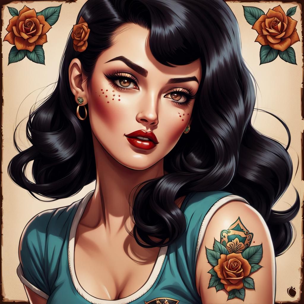 beautiful pin up, black hair, brown eyes,
