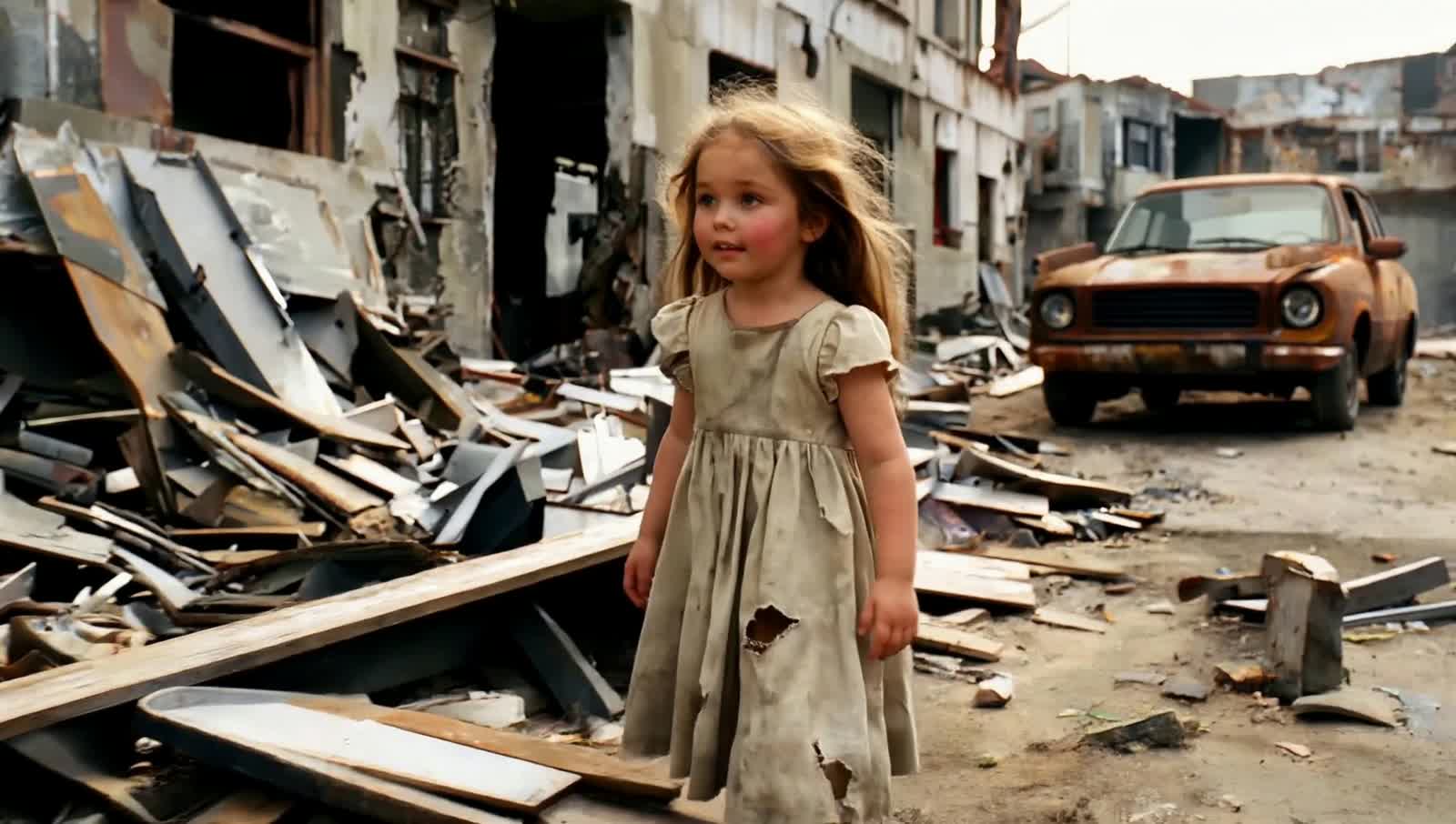 ein süßes kleines Mädchen mit langen braunen Haaren in einem zerrissenen Kleid geht durch eine Postapokalyptische Welt.
