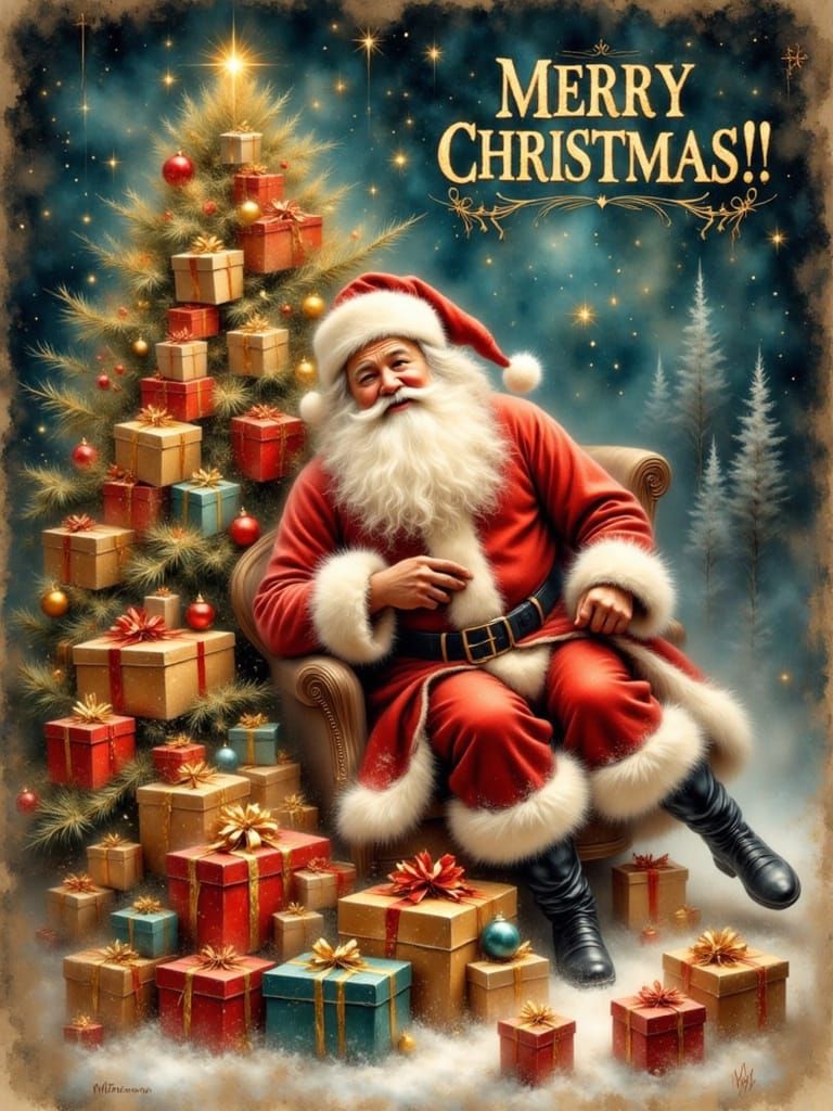 Santa Claus with Presents in Festive Christmas Scene