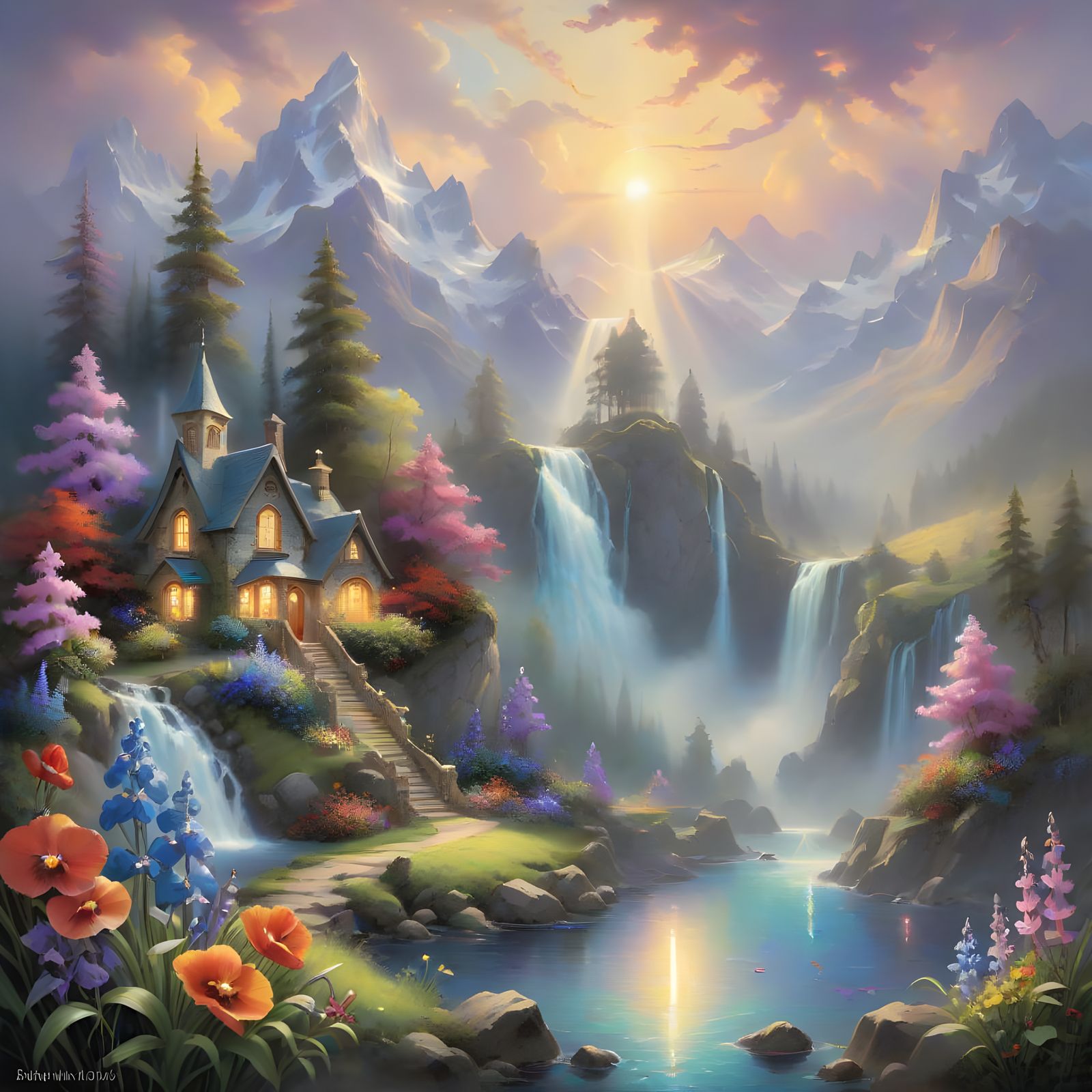 Ethereal Oil Painting Masterpiece: Luminous Waterfall in Pri...