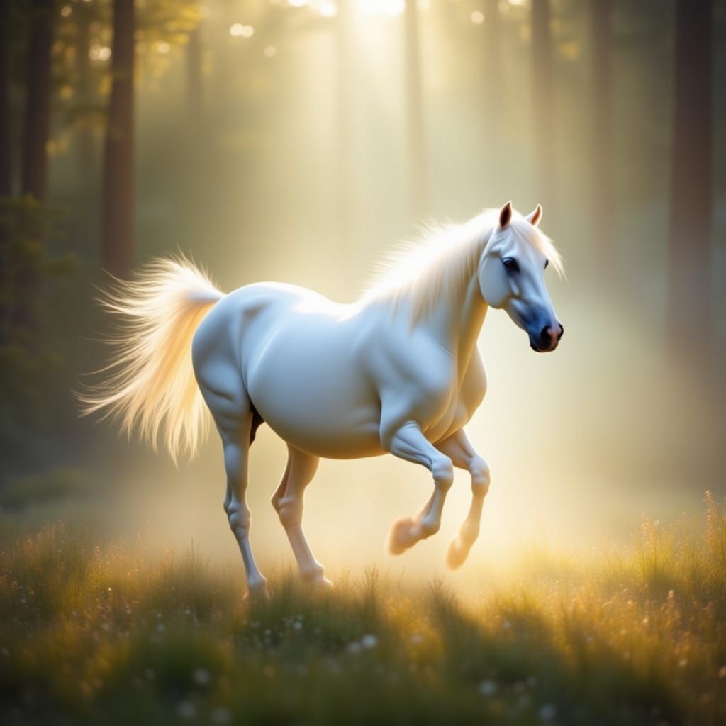Galloping Stallion in Dreamy Forest Fog