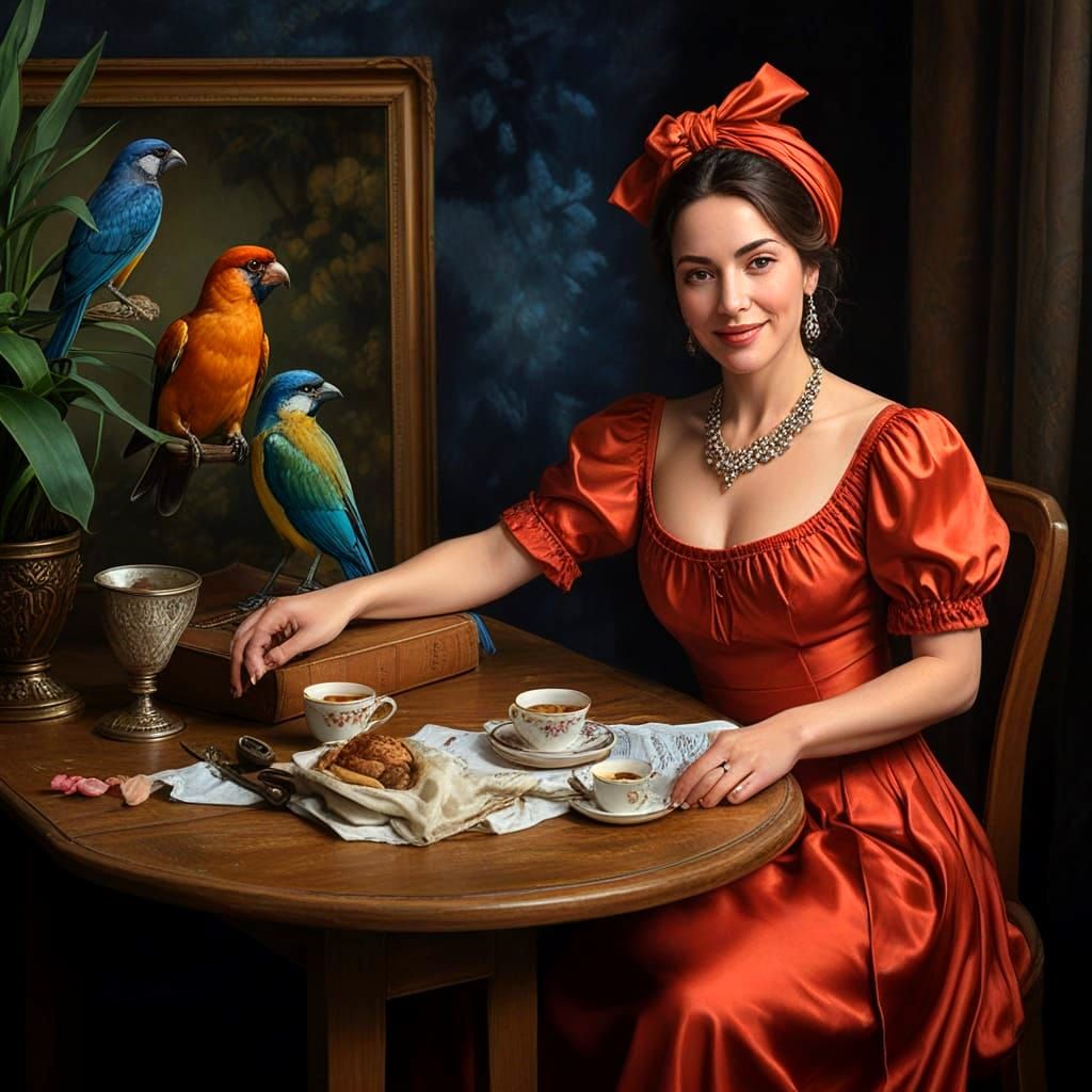 Surrealistic Portrait of Elegant Lady in Whimsical Surroundi...