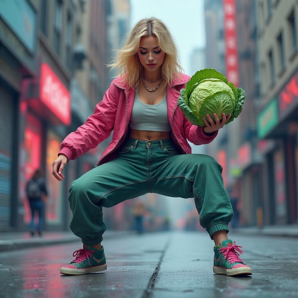A blonde woman breakdancing while holding a cabbage